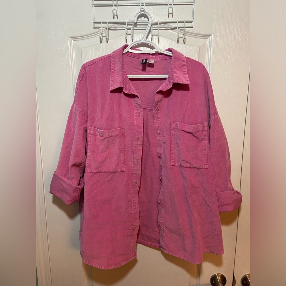 H&M Divided Pink Corduroy Button Down Women’s Large Jillian Harris